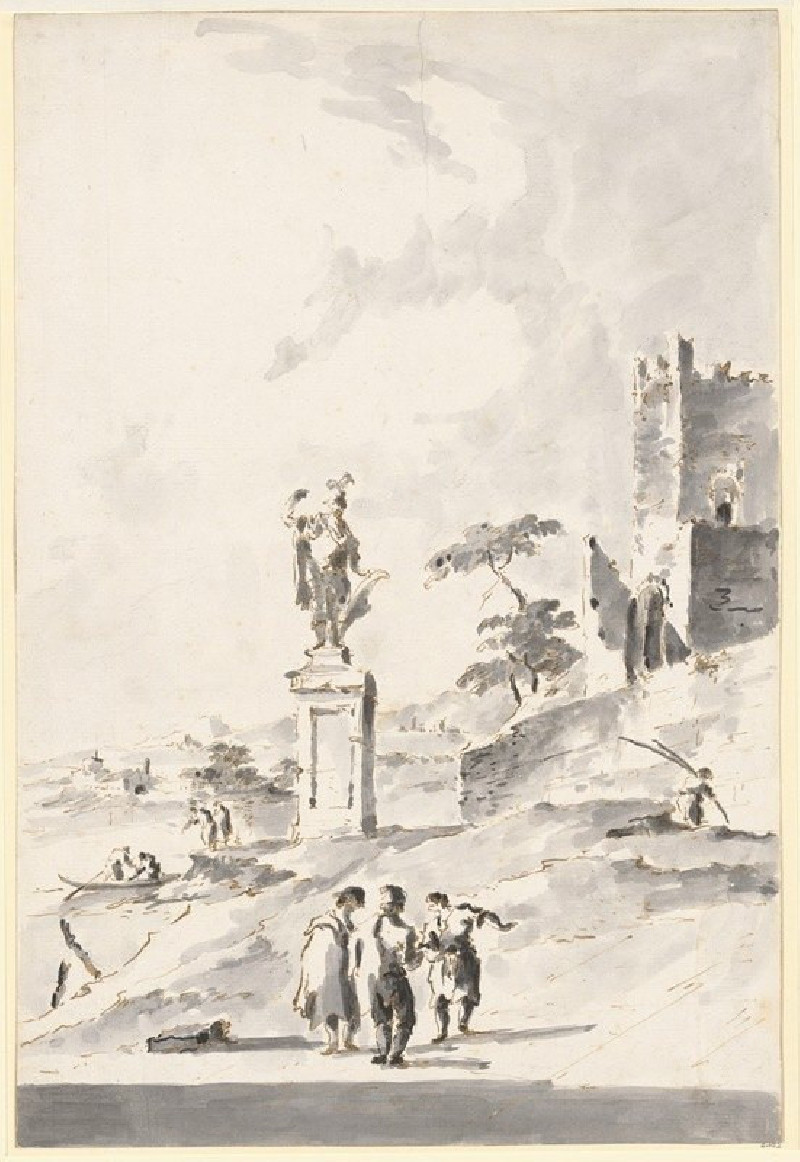 Giacomo Guardi reprodukcija Capriccio with a Statue of a Warrior and a Ruined Castle on the Shore of the Lagoon (ca. 1780–90)...