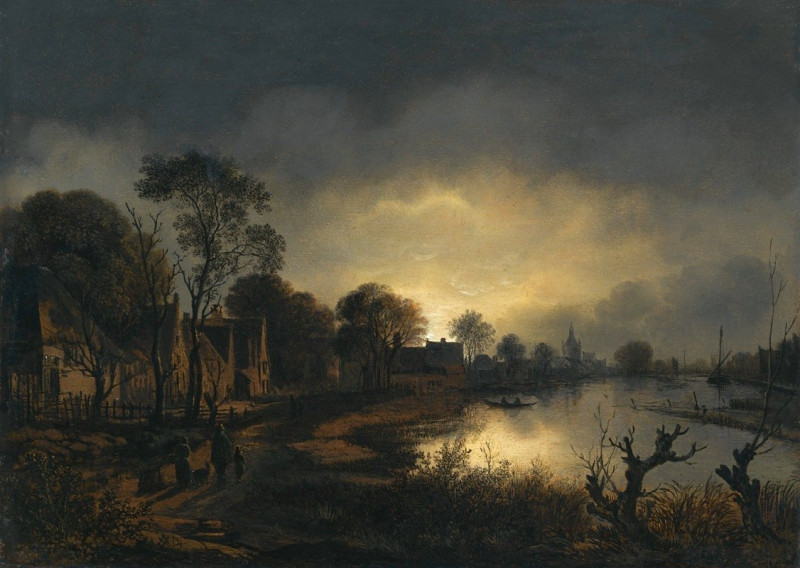 Aert van der Neer reprodukcija A River Landscape At Dusk With And Figures Walking Along A Path Towards A Village To The Left,...