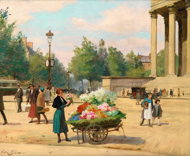 Flower Vendor Before The Madeleine Church, Paris reproduction of painting by Victor Gabriel Gilbert. ALL GICLEE PRINTS