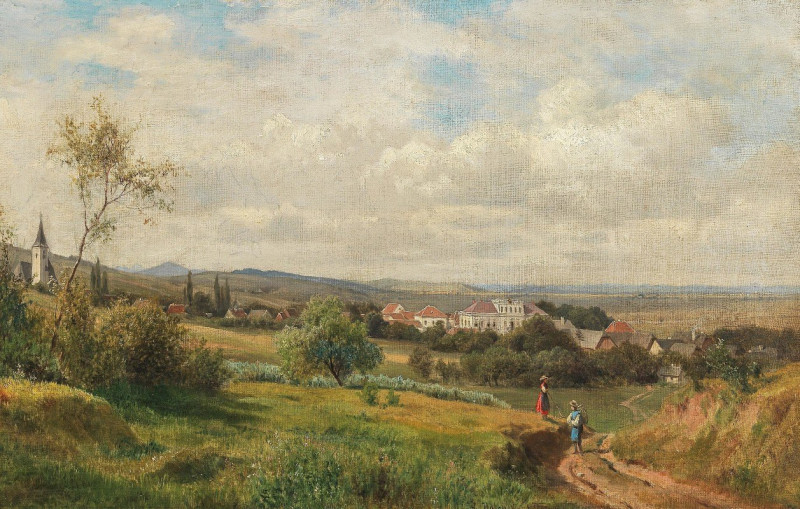 A Scene in Tulbing with Tulbing Castle (formerly Mönchshof Seitenstetten Abbey) (1873) reproduction of painting by Ludwig Hal...