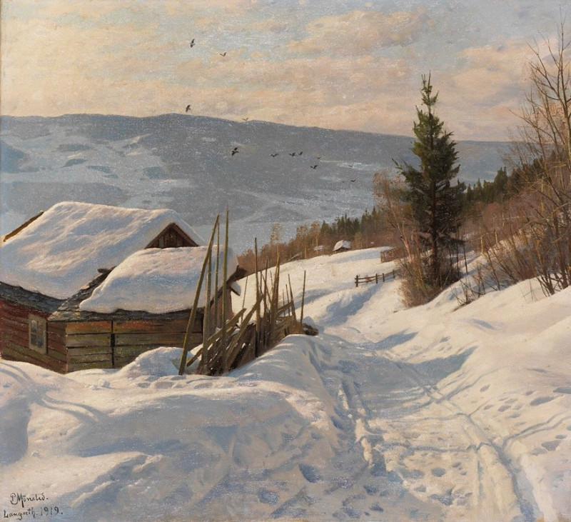 Sonniger Wintertag in Norwegen (1919) reproduction of painting by Peder Mørk Mønsted. ALL GICLEE PRINTS