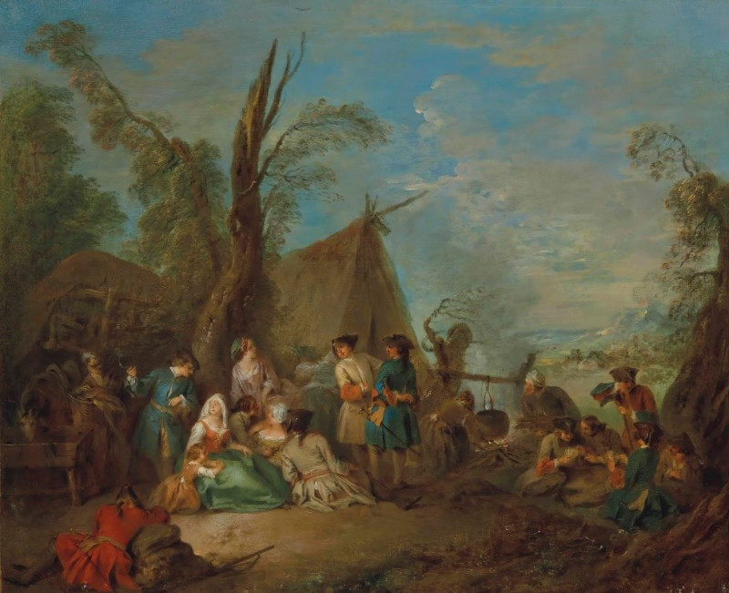 Soldiers And Vivandières Cooking And Resting Around A Campfire, A Wagon And A Tent Beyond reproduction of painting by Jean-Ba...