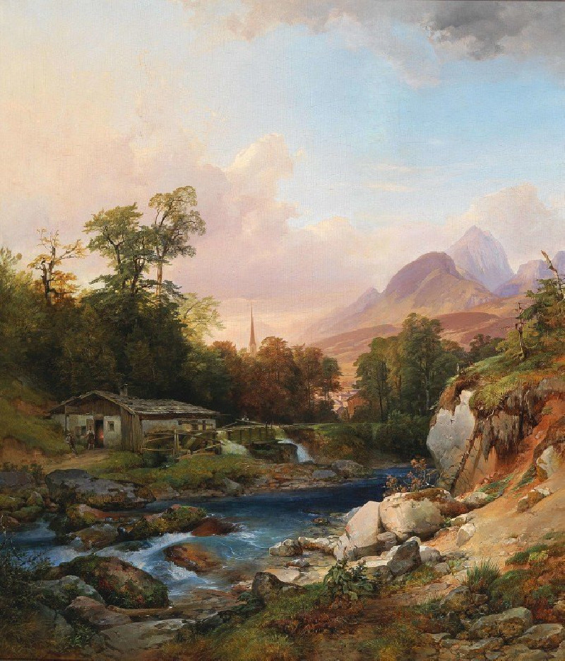 A Mountain Landscape With A Smithy reproduction of painting by Anton Hansch. ALL GICLEE PRINTS