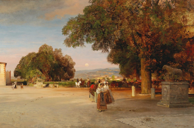 Scene at dusk on the terrace of Villa Grazioli in Grottaferrata reproduction of painting by Oswald Achenbach. ALL GICLEE PRINTS