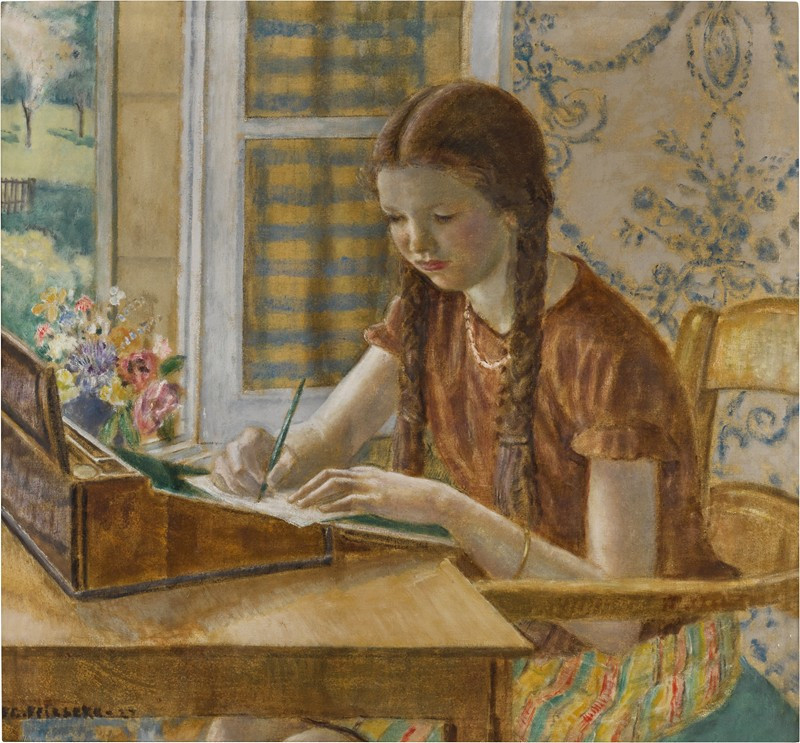 Girl at Writing Desk (1927) reproduction of painting by Frederick Carl Frieseke. ALL GICLEE PRINTS