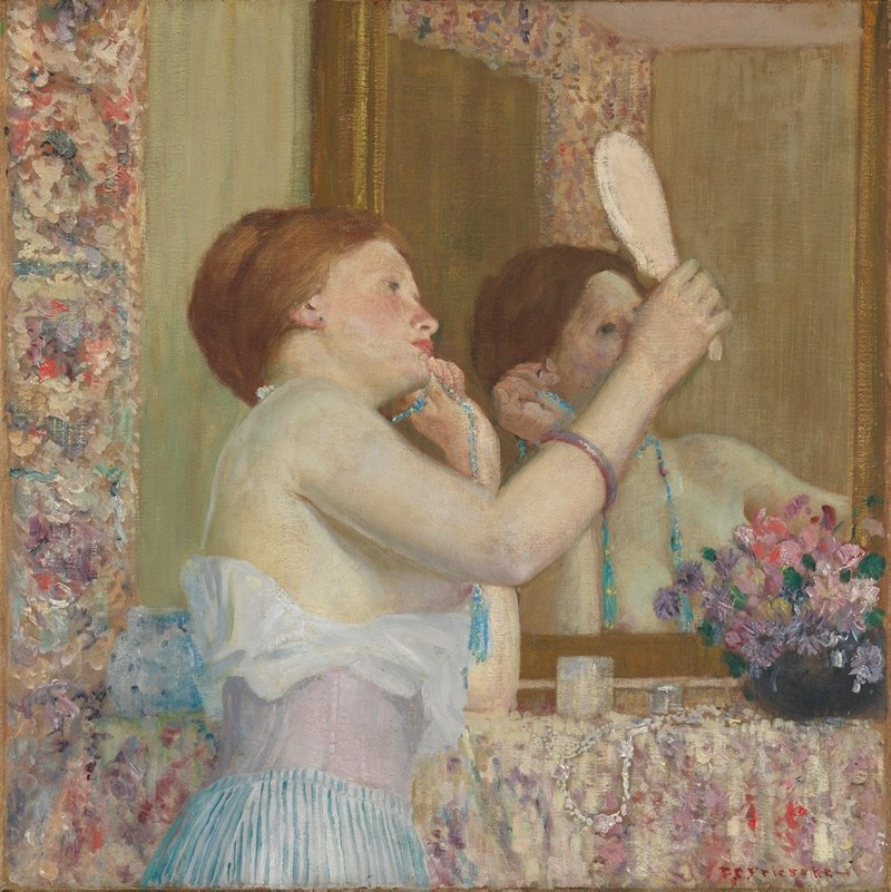 Woman with a Mirror (Femme qui se mire)  (1911) reproduction of painting by Frederick Carl Frieseke. ALL GICLEE PRINTS