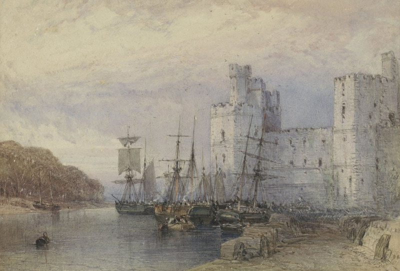 Landschap met schepen voor Caernarvon Castle (1883) reproduction of painting by William Callow. ALL GICLEE PRINTS