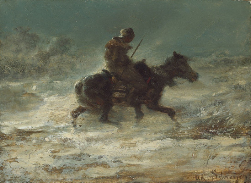 Adolf Schreyer reprodukcija Man with Lance Riding through the Snow (c. 1880), VISOS REPRODUKCIJOS , paveikslai, reprodukcijos...