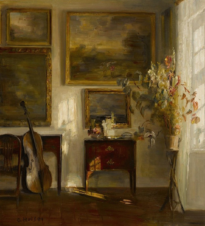 Interior with cello reproduction of painting by Carl Holsøe. ALL GICLEE PRINTS