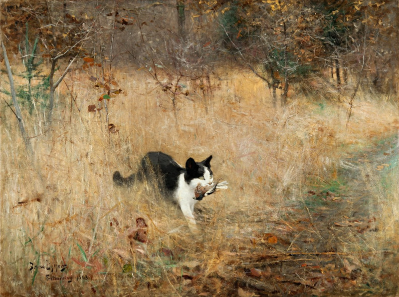 Cat hunting Birds (1883) reproduction of painting by Bruno Liljefors. ALL GICLEE PRINTS