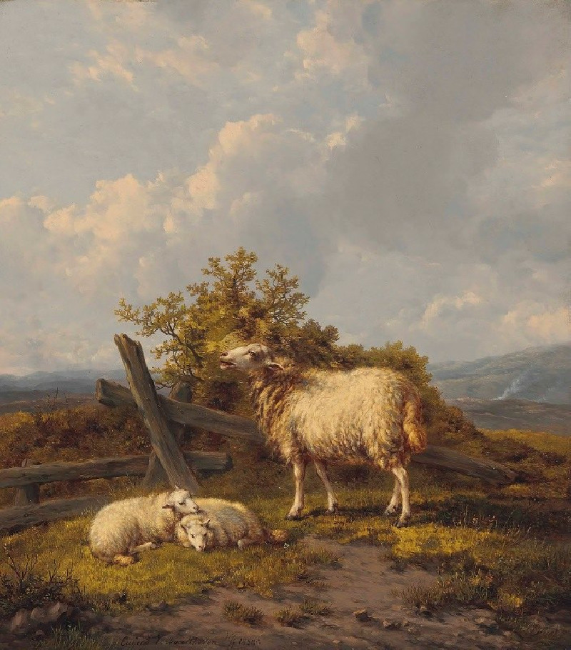 Sheep And Lambs In A Pasture (1858) reproduction of painting by Eugène Joseph Verboeckhoven. ALL GICLEE PRINTS