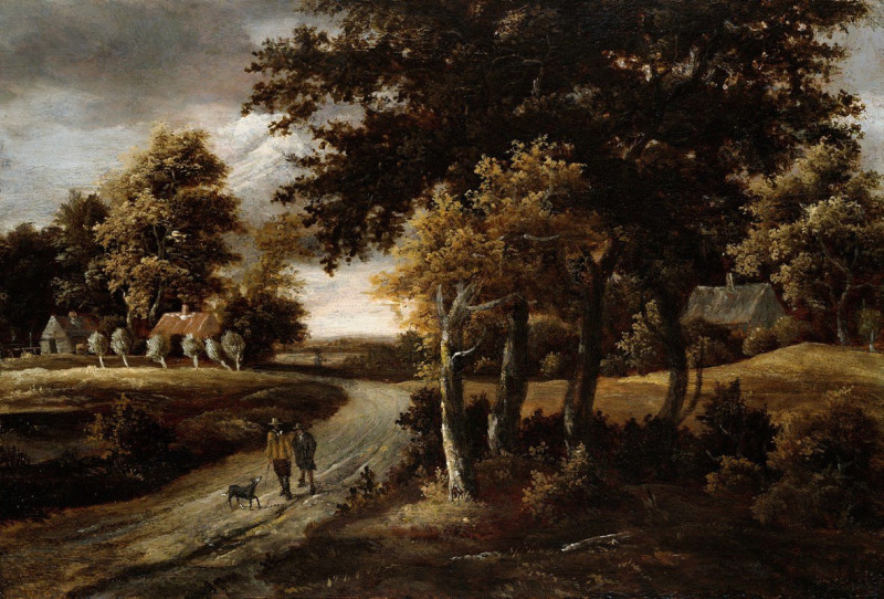 Wooded Landscape with Figures on a Path (mid-17th to early 18th century) reproduction of painting by Meindert Hobbema. ALL GI...