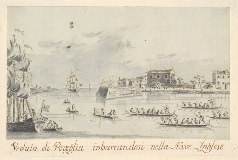 The Island of Povegila, with British Naval Officers Embarking (before 1797) reproduction of painting by Giacomo Guardi. ALL G...