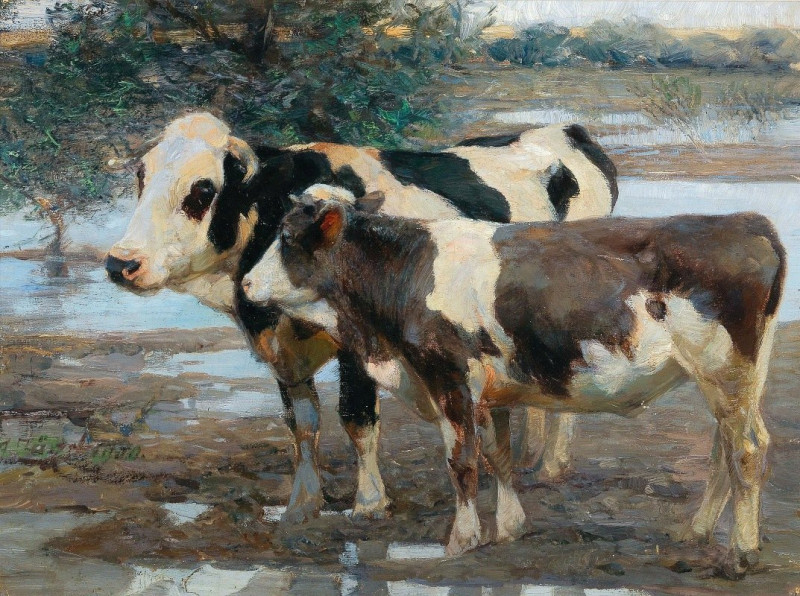 Two Cows By The Water (1900) reproduction of painting by Heinrich Von Zügel. ALL GICLEE PRINTS