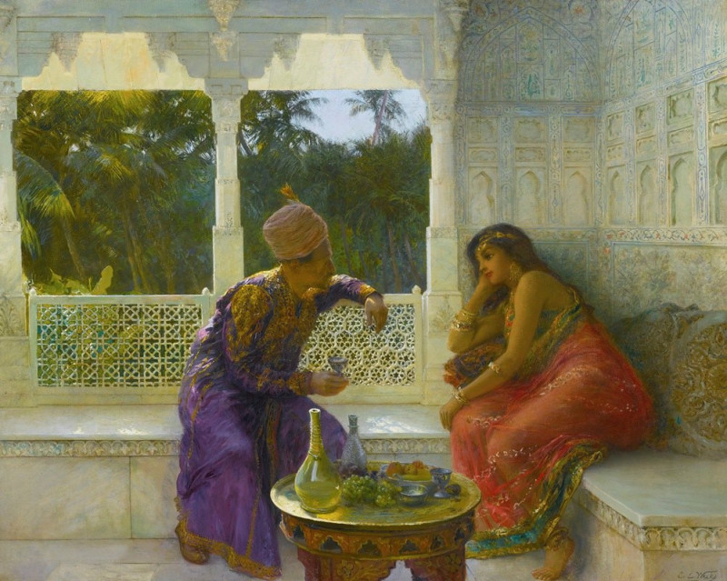 Figures in an interior with garden of palms beyond reproduction of painting by Edwin Lord Weeks. ALL GICLEE PRINTS