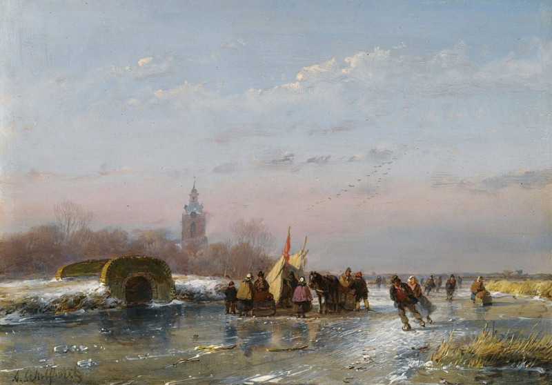 A Frozen Waterway With Skaters By A Refreshment Stall reproduction of painting by Andreas Schelfhout. ALL GICLEE PRINTS