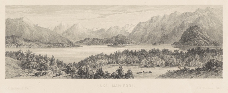 New Zealand Graphic and Descriptive. Plate V. Lake Manapouri (1877) reproduction of painting by Charles Decimus Barraud. ALL ...