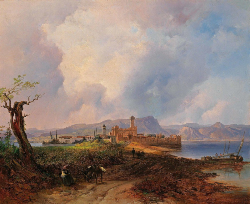 Ansicht Des Castell Sermio, Auf Der Insel Sermione Am Gardasee reproduction of painting by Anton Hansch. ALL GICLEE PRINTS