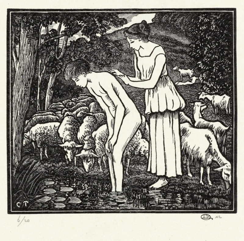 Daphnis wordt gewassen door Cloë (1899) reproduction of painting by Lucien Pissarro. ALL GICLEE PRINTS