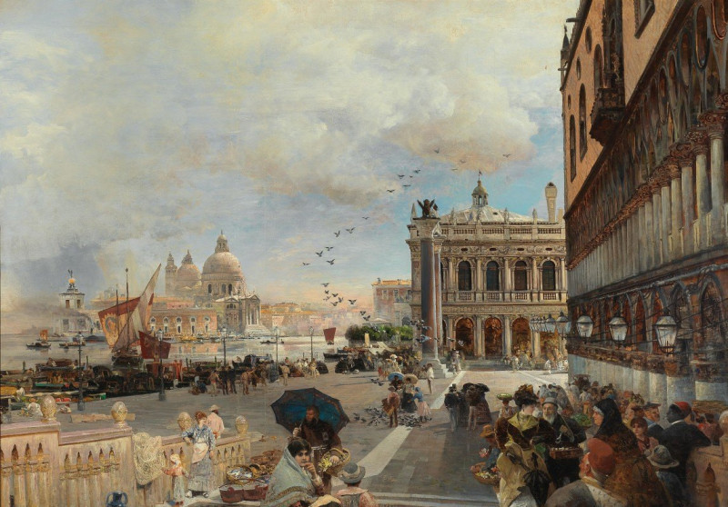 Venice, A View Of The Piazzetta, With The Biblioteca Marciana, Santa Maria Della Salute And The Dogana reproduction of painti...