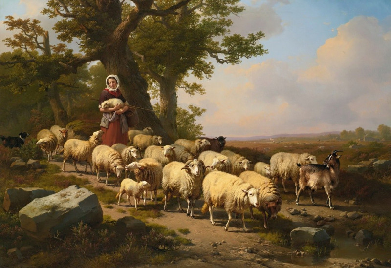 A Shepherdess With Her Flock (1871) reproduction of painting by Eugène Joseph Verboeckhoven. ALL GICLEE PRINTS