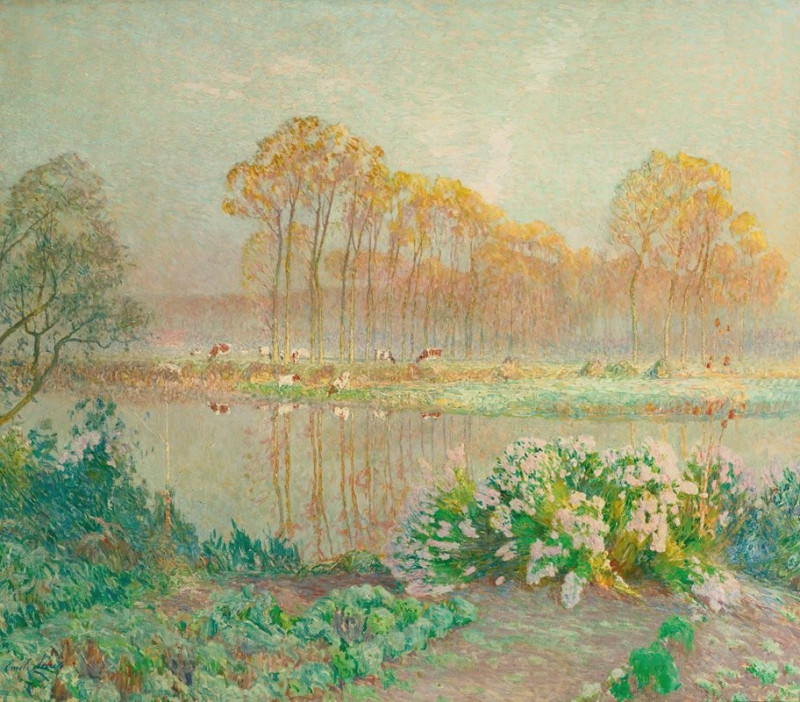 Landscape with pond and blooms reproduction of painting by Emile Claus. ALL GICLEE PRINTS