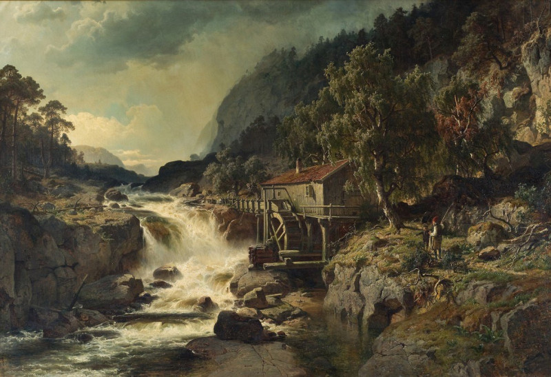 Edvard Bergh reprodukcija Rocky Landscape with Waterfall and Watermill, Småland (1862), VISOS REPRODUKCIJOS , paveikslai, rep...