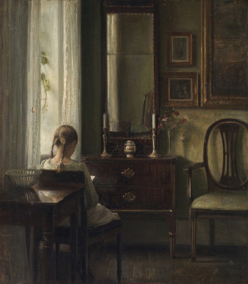 Interior with a Girl Reading (1903) reproduction of painting by Carl Holsøe. ALL GICLEE PRINTS