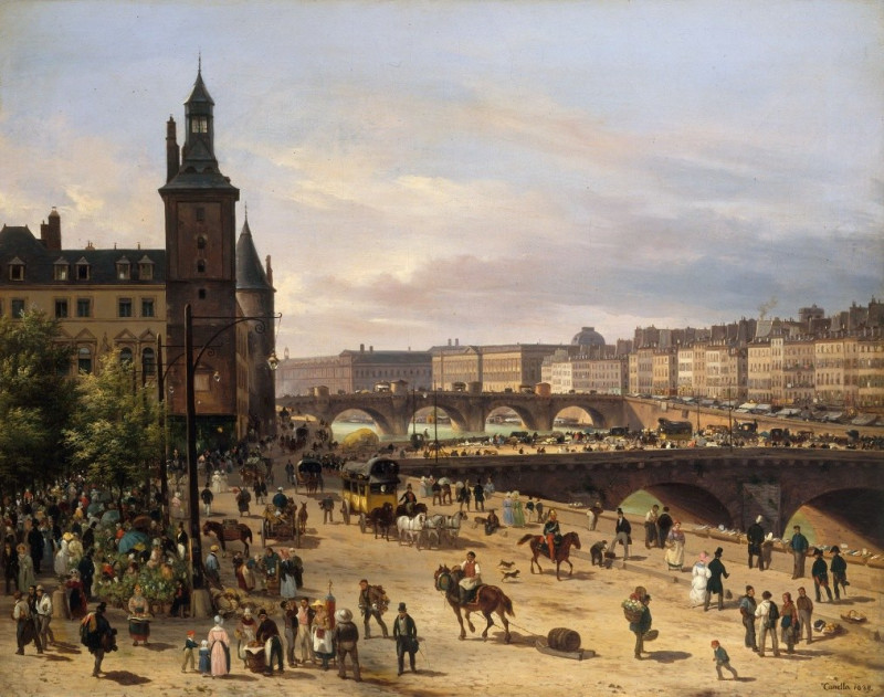 Le marché aux fleurs, la Tour de l’Horloge, le Pont au Change et le Pont-Neuf (1832) reproduction of painting by Giuseppe Can...