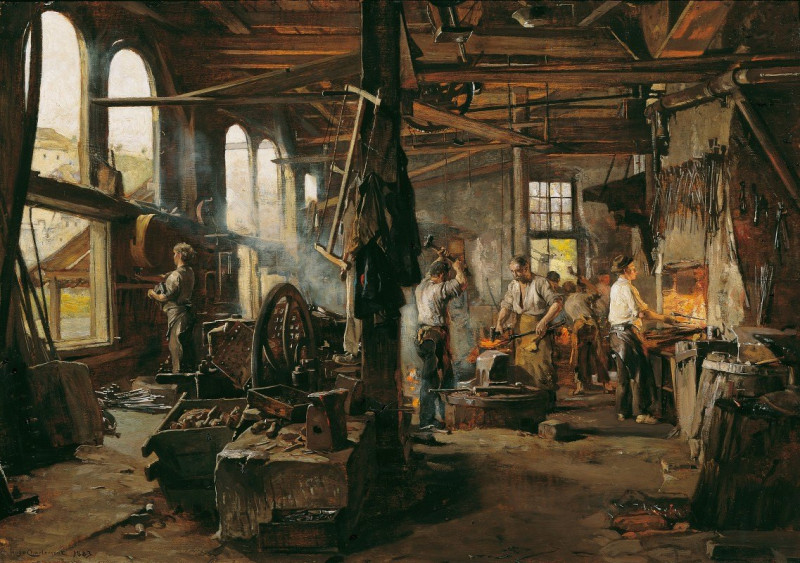 Interieur Einer Hammerschmiede (1883) reproduction of painting by Hugo Charlemont. ALL GICLEE PRINTS