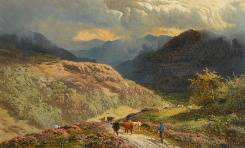 Sidney Richard Percy reprodukcija Mountainous Lake Scene With Figures And Cattle (1871), VISOS REPRODUKCIJOS , paveikslai, re...