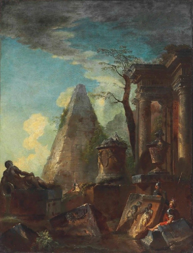 A Capriccio Of Classical Ruins With The Pyramid Of Cestius Beyond reproduction of painting by Giovanni Paolo Panini. ALL GICL...