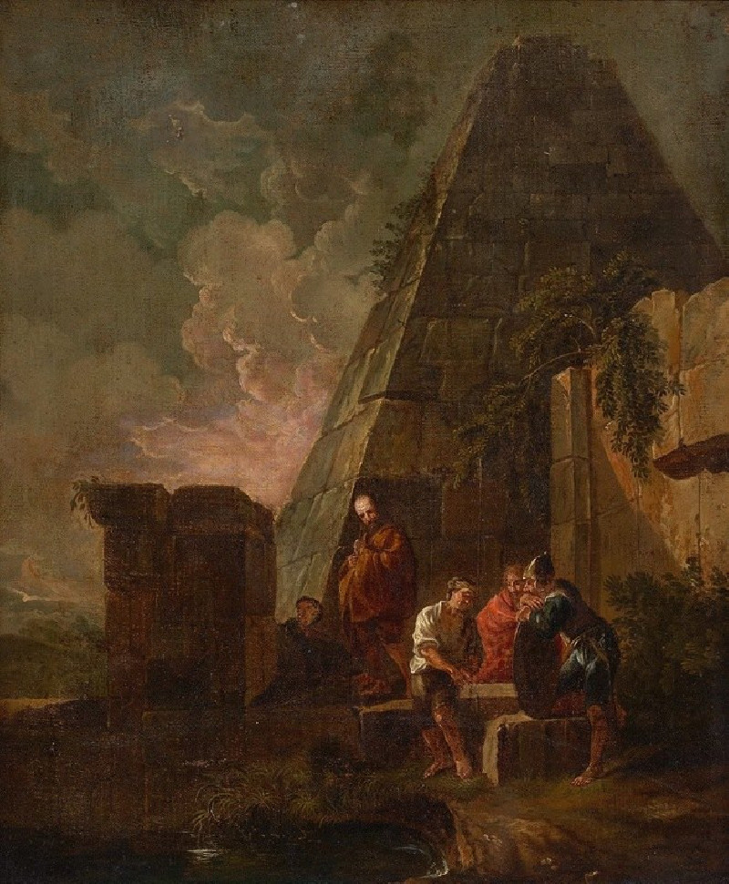 Philosphers and Soldiers Among Ancient Ruins, Including the Pyramid of Gaius Cestius (18th century) reproduction of painting ...