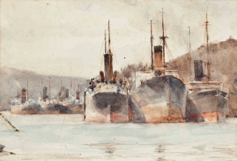 Henry Scott Tuke reprodukcija Ships Moored Near King Harry Ferry, On The River Fal, VISOS REPRODUKCIJOS , paveikslai, reprodu...