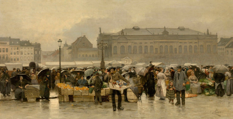 The Market in front of the Theatre in Antwerp reproduction of painting by Emile Claus. ALL GICLEE PRINTS