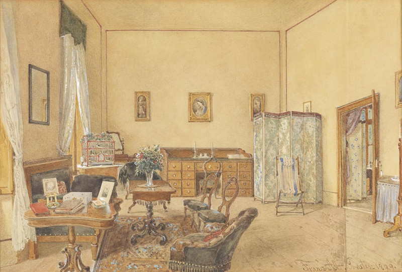 Interieur mit Vogelkäfig (1899) reproduction of painting by Franz Alt. ALL GICLEE PRINTS