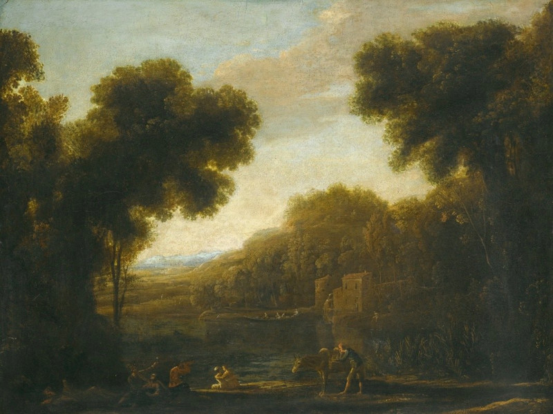 A River Landscape With Travellers On The Bank reproduction of painting by Claude Lorrain. ALL GICLEE PRINTS