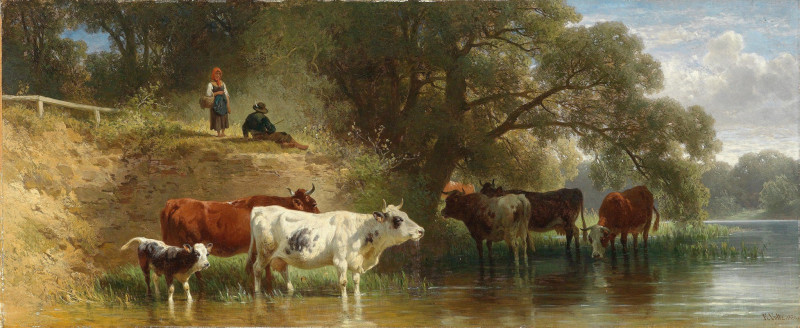 Weidende Kühe am Fluss mit Hirten (1874) reproduction of painting by Friedrich Voltz. ALL GICLEE PRINTS