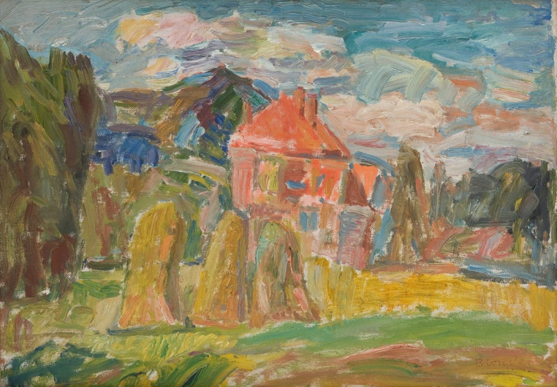 Landscape with a Red House (1937) reproduction of painting by Sasza Blonder. ALL GICLEE PRINTS