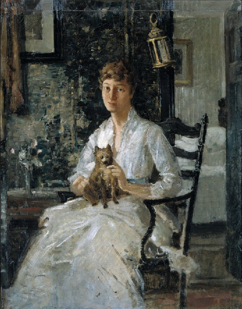 Portrait of a Lady with a Dog (Anna Baker Weir) (ca. 1890) reproduction of painting by Julian Alden Weir. ALL GICLEE PRINTS