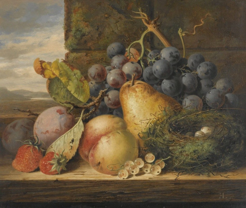 Still Life With A Bird’s Nest, A Pear, A Peach, Grapes, Strawberries And Plums reproduction of painting by Edward Ladell. Sti...