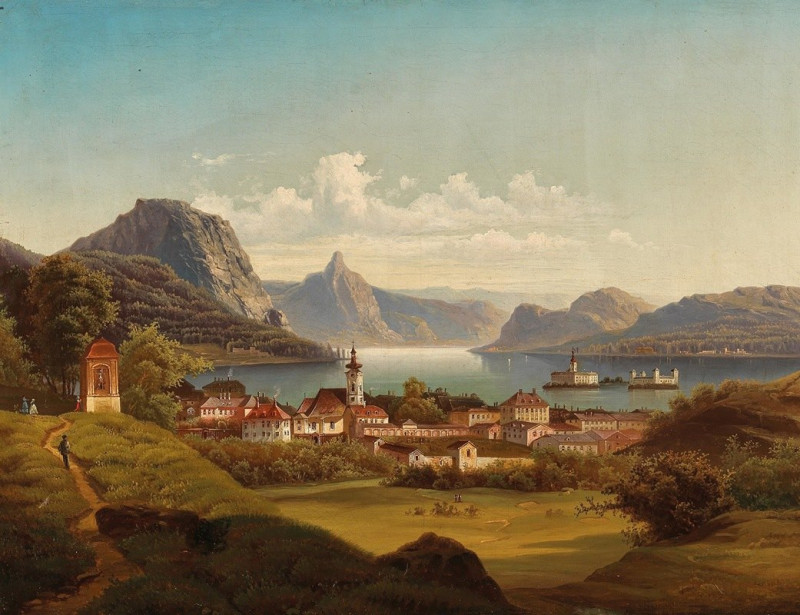 Gmunden mit Schloß Ort am Traunsee reproduction of painting by Johann Wilhelm Jankowsky. ALL GICLEE PRINTS