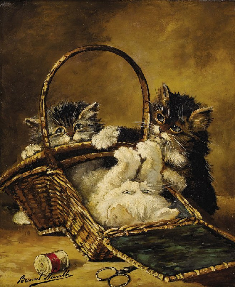 Arthur-Alfred Brunel de Neuville reprodukcija Three Kittens Playing in a Sewing Basket, VISOS REPRODUKCIJOS , paveikslai, rep...