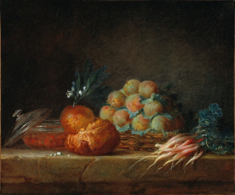 Still Life with Brioche, Fruit and Vegetables (1775) reproduction of painting by Anne Vallayer-Coster. Still-life