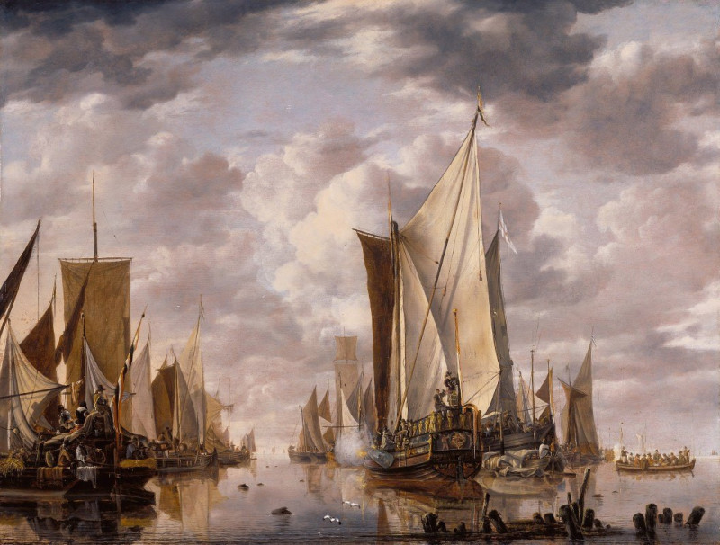 Shipping in a Calm at Flushing with a States General Yacht Firing a Salute reproduction of painting by Jan van de Cappelle. A...