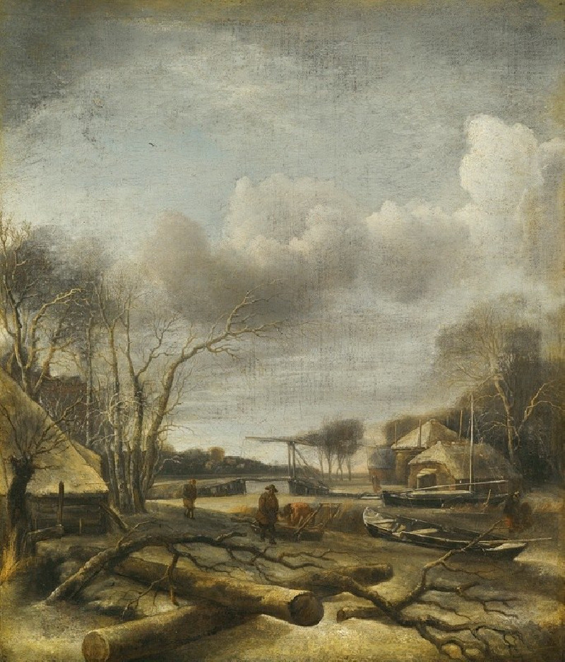 Winter Landscape With A Man Fixing A Sled At The Edge Of A Frozen River reproduction of painting by Jan van de Cappelle. ALL ...