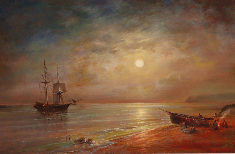 Moonlit Night Over A Coastal Landscape reproduction of painting by Grigori Ivanovitch Kapustin. ALL GICLEE PRINTS