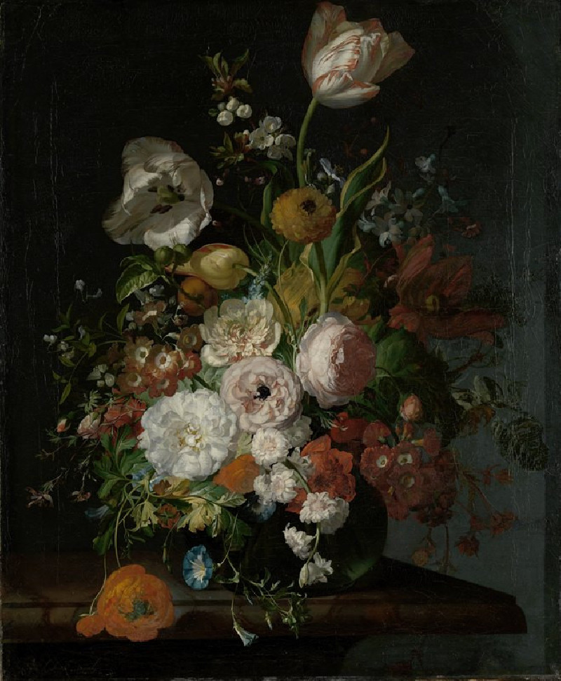 Still Life with Flowers in a Glass Vase (c. 1690 - c. 1720) reproduction of painting by Rachel Ruysch. Still-life