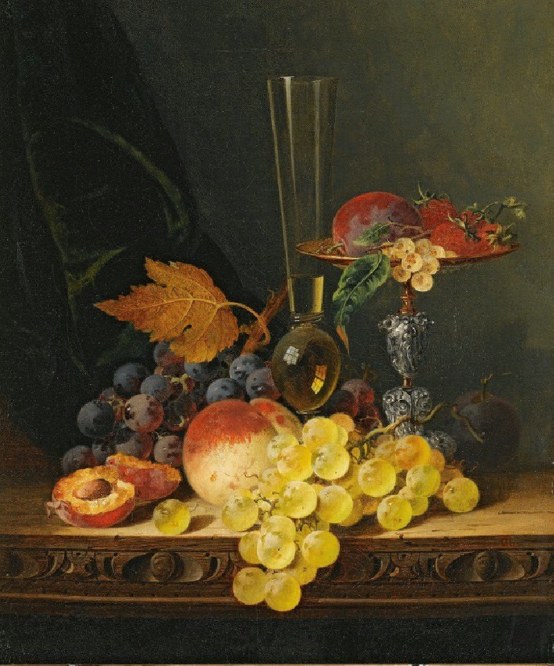 Edward Ladell reprodukcija Still Life With A Tazza, Fruit And A Wine Glass, Natiurmortas , paveikslai, reprodukcijos internetu