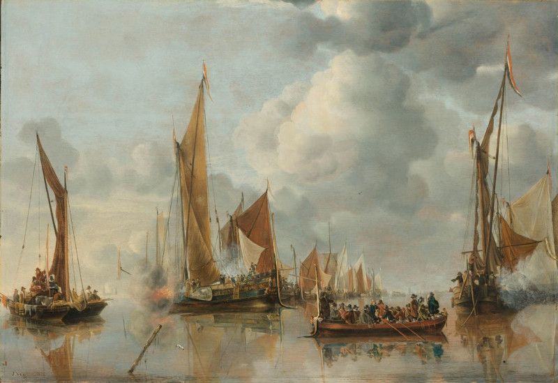 The Home Fleet Saluting the State Barge (1650) reproduction of painting by Jan van de Cappelle. ALL GICLEE PRINTS